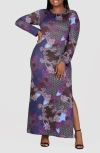 24seven Comfort Apparel Women's Purple Paisley Long Sleeve Side Slit Fitted Maxi Dress In Purple