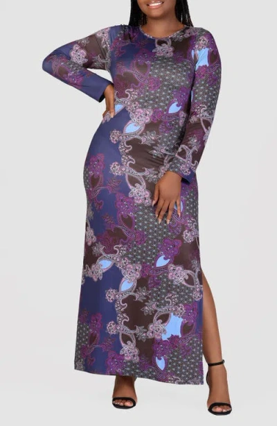 24seven Comfort Apparel Plus Size Paisley Long Sleeve Maxi Dress In Purple Multi