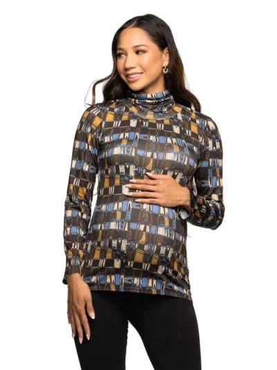 24seven Comfort Apparel Mock Neck Long Sleeve Printed Top In Multi