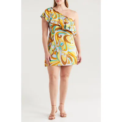24seven Comfort Apparel Mod Floral Print One-shoulder Minidress In Yellow Multi