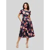 24seven Comfort Apparel Maternity Navy Floral Short Sleeve Pleated Flare Midi Pocket Dress In Multi