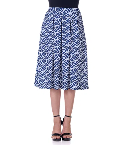24seven Comfort Apparel Navy Print Elastic Waist Pleated Knee Length Pocket Skirt In Miscellane