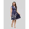 24seven Comfort Apparel Maternity Navy Print Short Sleeve Knee Length V-neck Wrap Dress In Blue