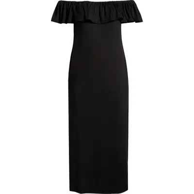 24seven Comfort Apparel Off The Shoulder Jersey Midi Dress In Black