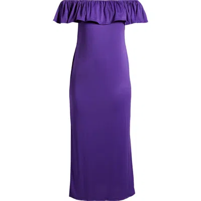 24seven Comfort Apparel Off The Shoulder Jersey Midi Dress In Purple