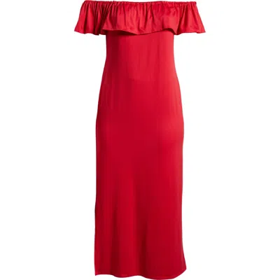24seven Comfort Apparel Off The Shoulder Jersey Midi Dress In Red