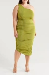 24seven Comfort Apparel One-shoulder Asymmetric Body-con Midi Dress In Avocado