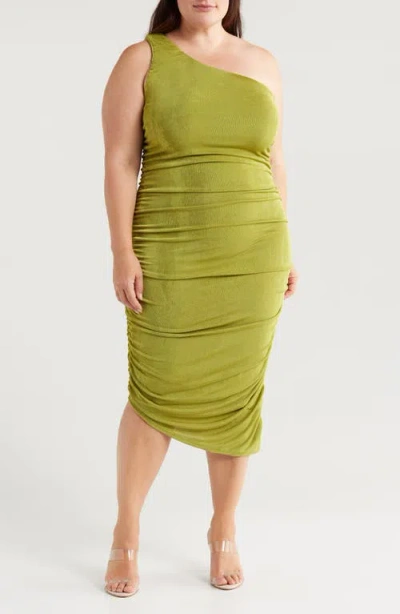 24seven Comfort Apparel One-shoulder Asymmetric Body-con Midi Dress In Avocado