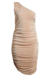 24seven Comfort Apparel One-shoulder Asymmetric Body-con Midi Dress In Beige