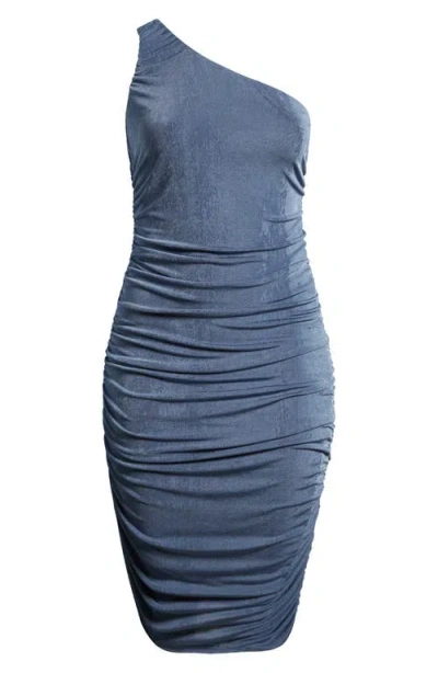 24seven Comfort Apparel One-shoulder Asymmetric Body-con Midi Dress In Denim