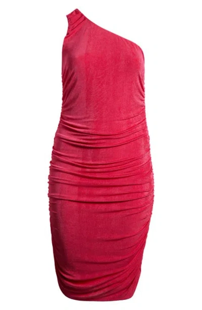 24seven Comfort Apparel One-shoulder Asymmetric Body-con Midi Dress In Pink