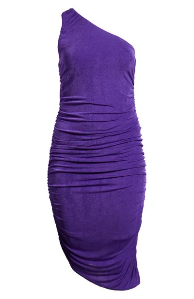 24seven Comfort Apparel One-shoulder Asymmetric Body-con Midi Dress In Purple