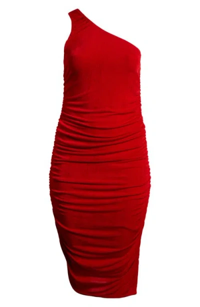 24seven Comfort Apparel One-shoulder Asymmetric Body-con Midi Dress In Red