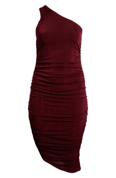 24seven Comfort Apparel One-shoulder Asymmetric Body-con Midi Dress In Wine