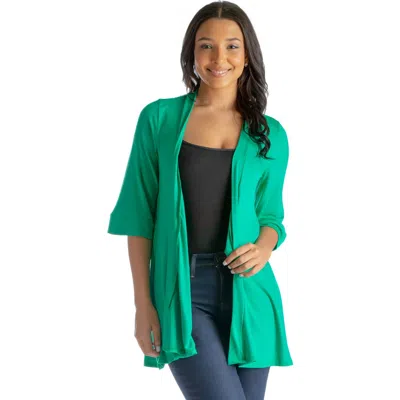 24seven Comfort Apparel Open Front Elbow Length Sleeve Cardigan In Green