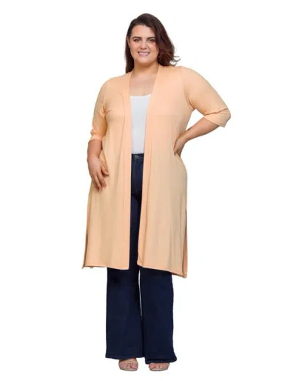 24seven Comfort Apparel Plus Size Open Front Knee Length Side Slit Duster Cardigan In Neutral