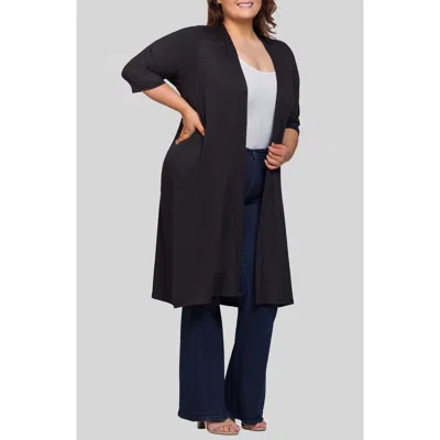 24seven Comfort Apparel Plus Size Open Front Knee Length Side Slit Duster Cardigan In Black