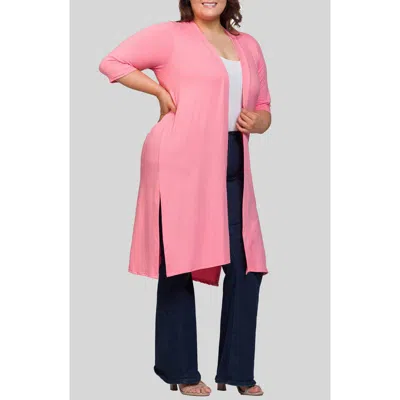 24seven Comfort Apparel Plus Size Knee Length Duster Cardigan Sweater In Pink