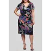 24seven Comfort Apparel Plus Size Knee Length Short Sleeve Faux Wrap Dress In Black Multi