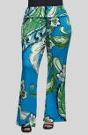24seven Comfort Apparel Plus Size Print Bell Bottom Foldover Waist Pants In Blue Multi