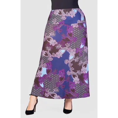 24seven Comfort Apparel Plus Size Elastic Waist Printed Maxi Skirt In Purple Multi