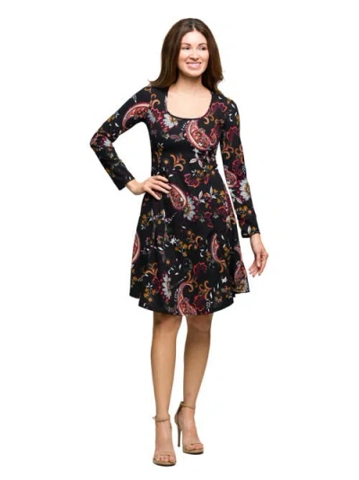 24seven Comfort Apparel Paisley Print Long Sleeve Fit And Flare Dress In Multi