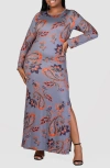 24seven Comfort Apparel Plus Size Long Sleeve Maxi Dress In Orange Multi