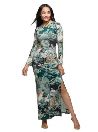 24seven Comfort Apparel Paisley Print Long Sleeve Side Slit Maxi Dress In Green