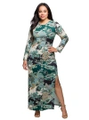 24seven Comfort Apparel Plus Size Green Paisley Print Long Sleeve Side Slit Maxi Dress In Green