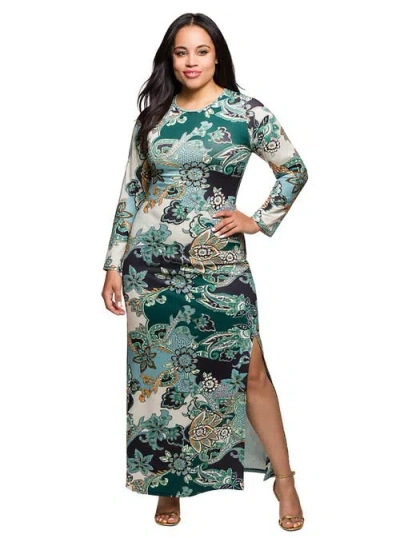 24SEVEN COMFORT APPAREL 24SEVEN COMFORT APPAREL PAISLEY PRINT LONG SLEEVE SIDE SLIT MAXI DRESS