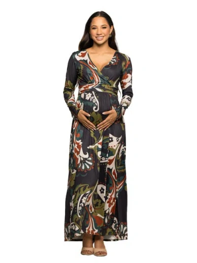 24seven Comfort Apparel Paisley Print Long Sleeve Wrap Maxi Dress In Black