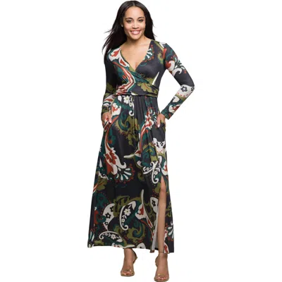 24seven Comfort Apparel Paisley Print Long Sleeve Wrap Maxi Dress In Burgundy