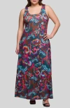 24seven Comfort Apparel Plus Size Print Scoop Neck A-line Sleeveless Maxi Dress In Brown Multi