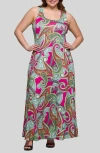 24seven Comfort Apparel Plus Size Print Scoop Neck A-line Sleeveless Maxi Dress In Pink Multi