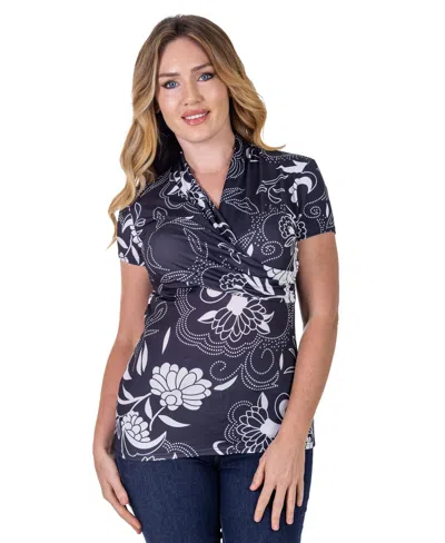 24seven Comfort Apparel Petites Black And White Short Sleeve V-neck Wrap Top In Gray