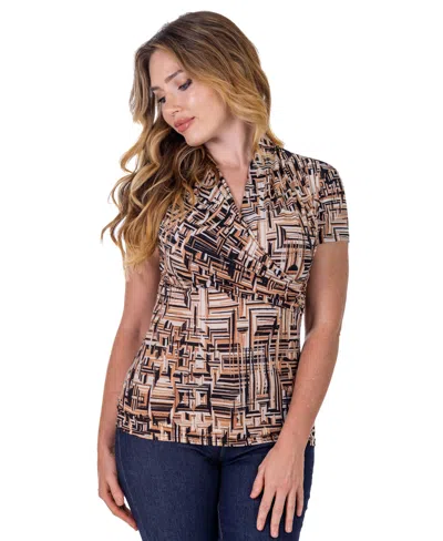 24seven Comfort Apparel Petite Brown Print Short Sleeve V-neck Wrap Top