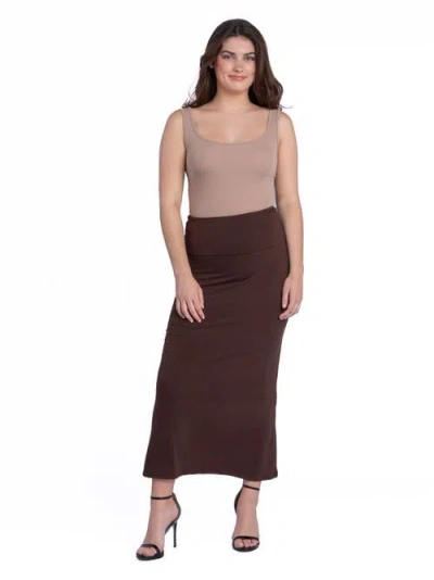 24seven Comfort Apparel Petite Comfortable Elastic Waist A Line Foldover Maxi Skirt In Brown
