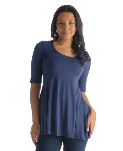 24seven Comfort Apparel Petite Elbow Sleeve Swing Crew Neck Tunic Top In Blue