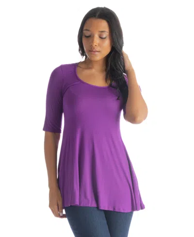 24seven Comfort Apparel Petite Elbow Sleeve Swing Crew Neck Tunic Top In Purple