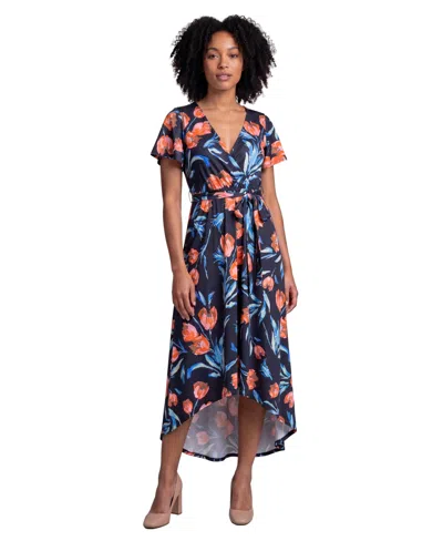 24seven Comfort Apparel Petite Essential Black Floral Print Short-sleeve Dress In Animal Print