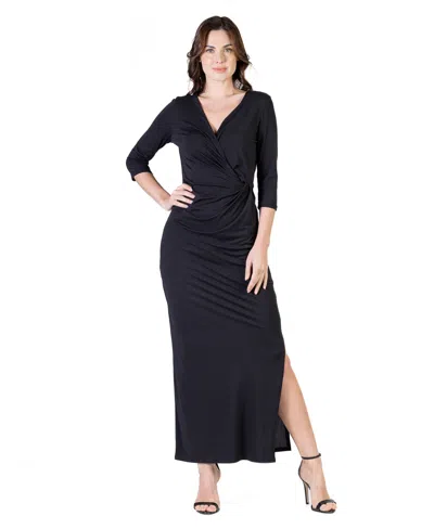 24seven Comfort Apparel Petite Fitted V-neck Side Slit Maxi Dress In Black