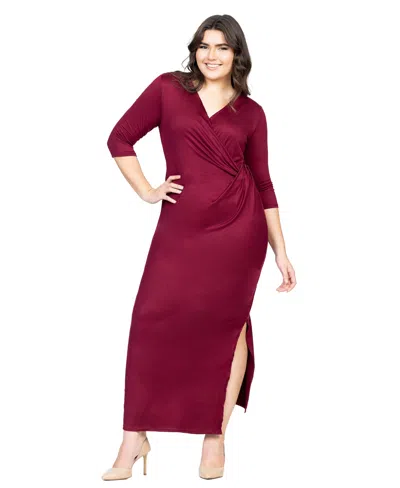 24seven Comfort Apparel Petite Fitted V-neck Side Slit Maxi Dress In Burgundy