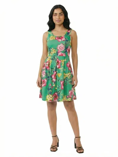 24seven Comfort Apparel Petite Floral Sleeveless Pleated Pocket Fit N Flare Dress In Green
