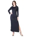 24seven Comfort Apparel Petite Long Sleeve Side Slit Fitted Maxi Dress In Blue