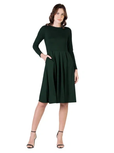 24seven Comfort Apparel Petite Round Neck Long Sleeve Pleated Fit N Flare Pocket Midi Dress In Green