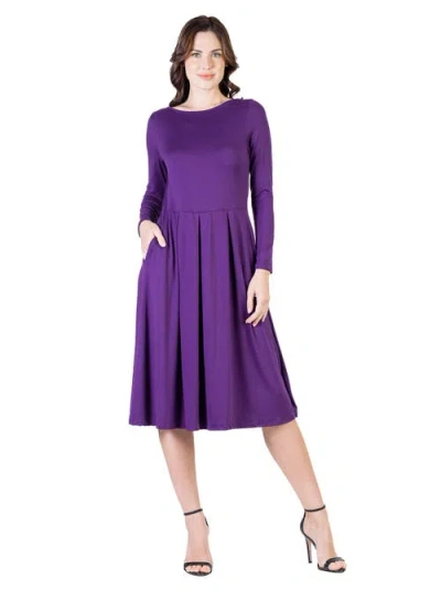 24seven Comfort Apparel Petite Round Neck Long Sleeve Pleated Fit N Flare Pocket Midi Dress In Purple