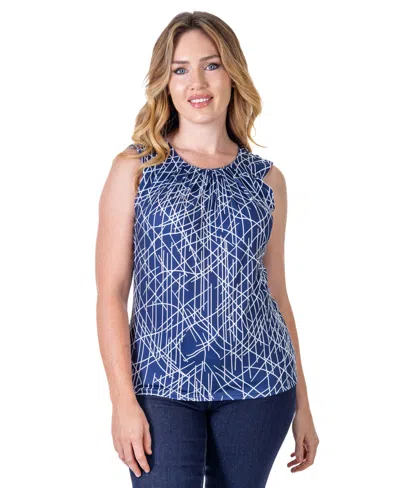 24seven Comfort Apparel Petites Navy Print Pleated Crew Neckline Back Closure Sleeveless Top In Blue