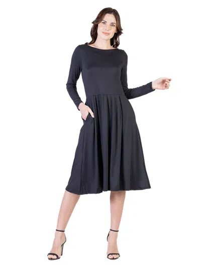 24seven Comfort Apparel Petite Round Neck Long Sleeve Pleated Fit N Flare Pocket Midi Dress In Black