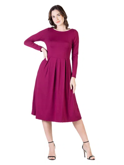 24seven Comfort Apparel Petite Round Neck Long Sleeve Pleated Fit N Flare Pocket Midi Dress In Pink