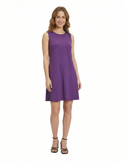 24seven Comfort Apparel Essential Petite Round Neck Sleeveless A-line Mini Shift Dress In Purple